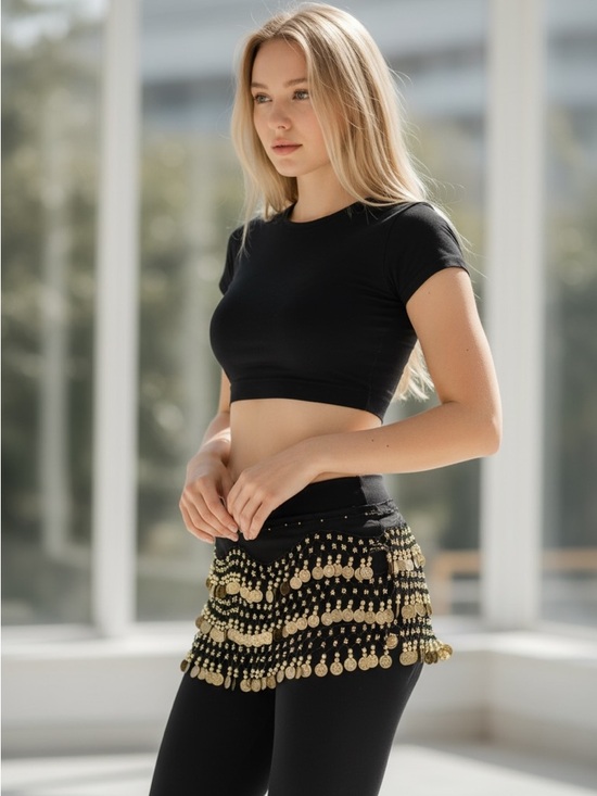 no brand Accessories - Black Coin Fringe Belly Dance Hip Scarf - Gold Coins